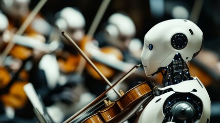 A robotic orchestra performing in a high-tech concert hall, android musicians playing classical instruments, Musical style