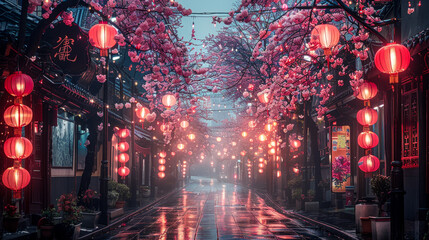 Serene Japanese Street with Cherry Blossoms and Mount Fuji in the Background