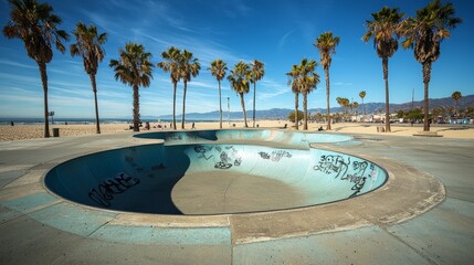 Empty skate park under palm trees with clear blue skies