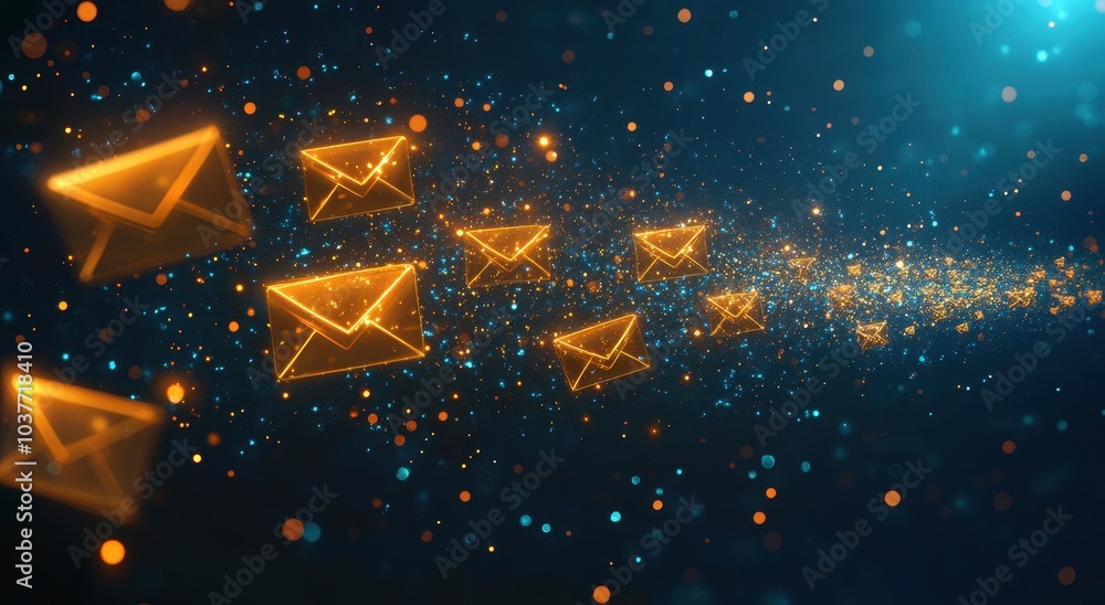 Poster a digital background with glowing elements separating into email icons, symbolizing the concept of m