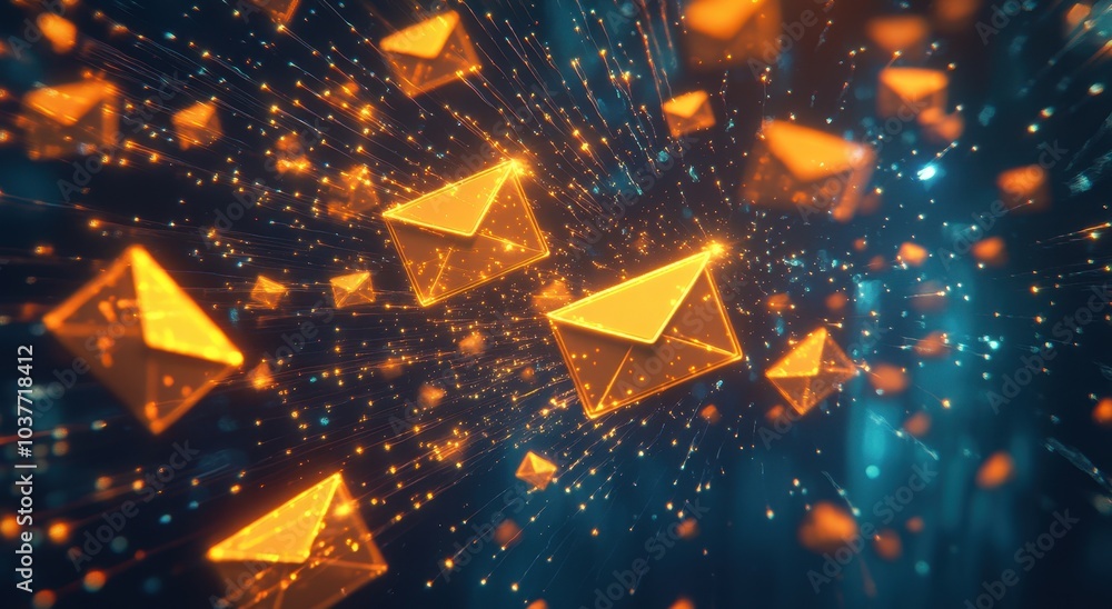 Poster a digital background with glowing elements separating into email icons, symbolizing the concept of m