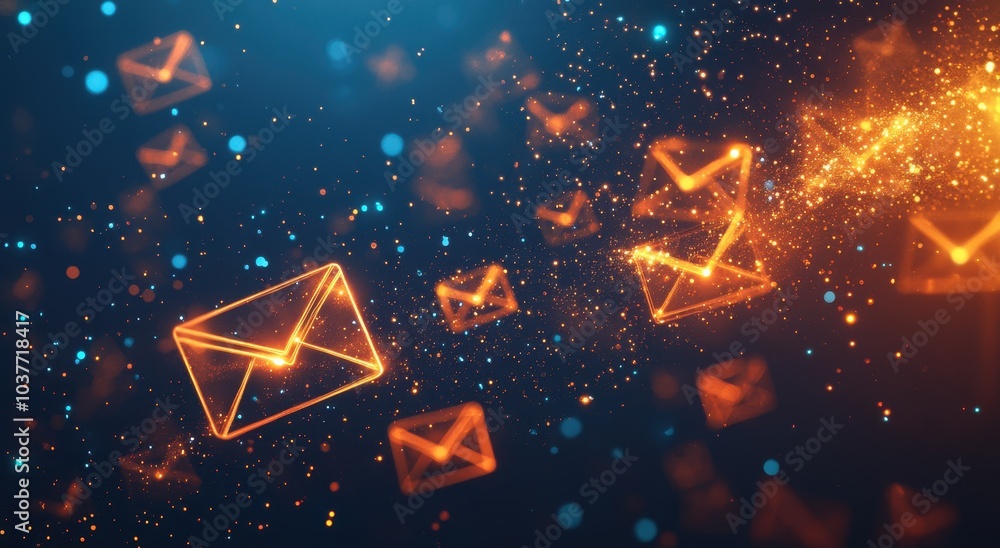 Poster a digital background with glowing elements separating into email icons, symbolizing the concept of m