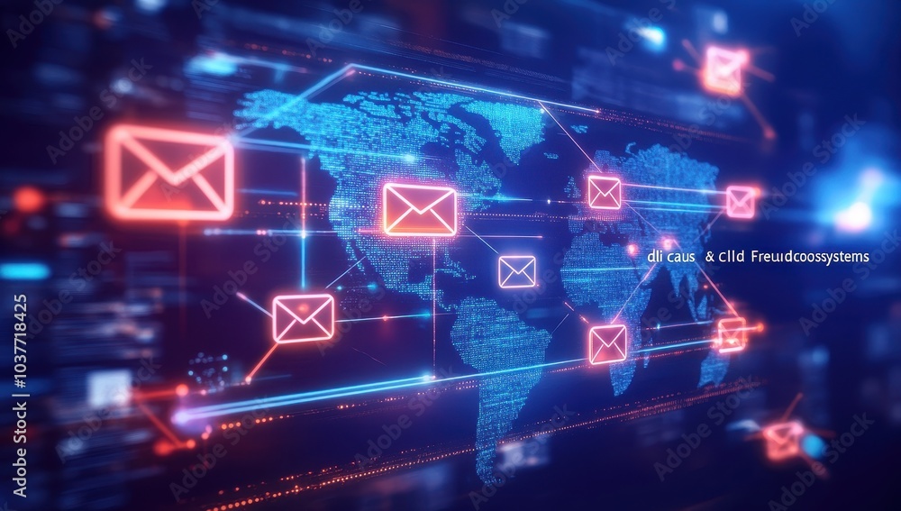 Poster a digital illustration of an ai interface displaying various global email schematic icons connected 