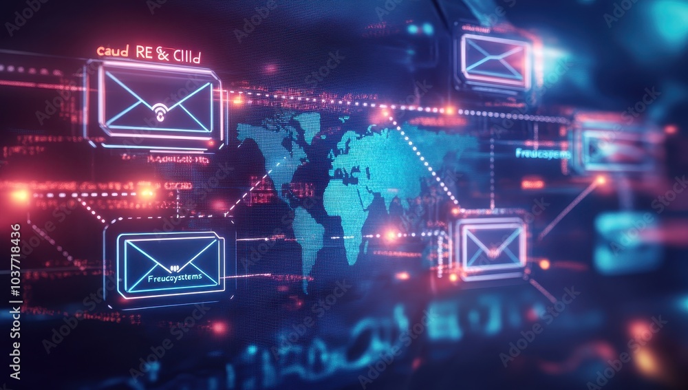 Poster a digital illustration of an ai interface displaying various global email schematic icons connected 