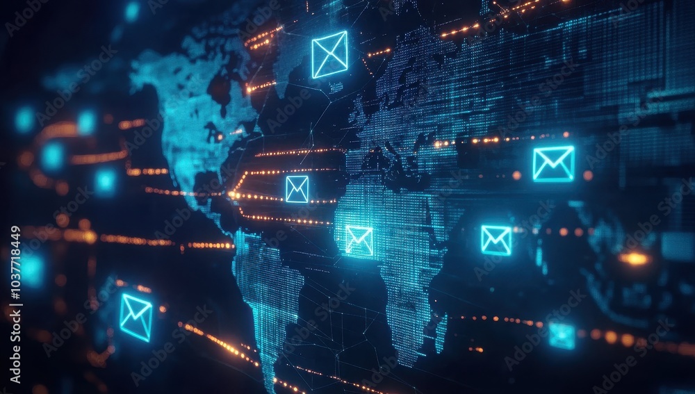 Poster a digital map of the world with glowing mail icons connecting various points, representing global e-