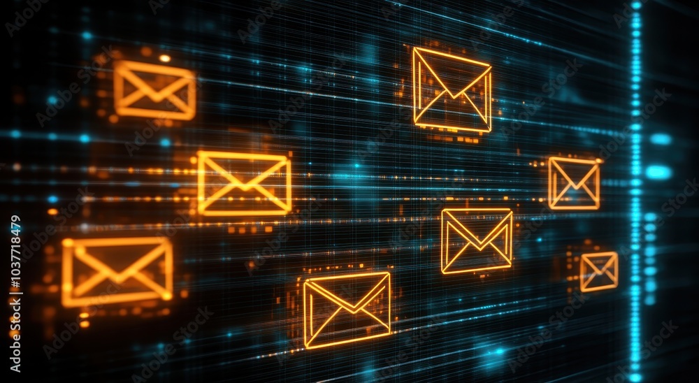 Poster a series of glowing envelope icons floating on a digital screen background, symbolizing the fast and