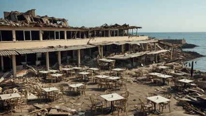 Destroyed beachfront restaurant with broken chairs and tables after a natural disaster	