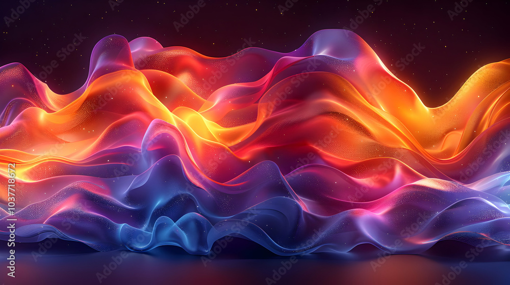 Poster abstract 3d background with wavy lines and glowing particles