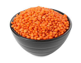 Raw lentils in bowl isolated on white
