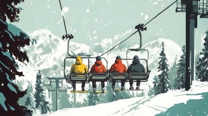 Naklejka premium Excited Snowboarders Lined Up at Chairlift