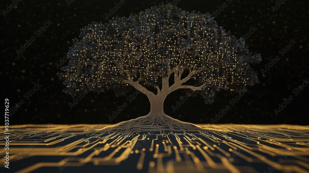 Aufkleber tree transforming into digital circuitry