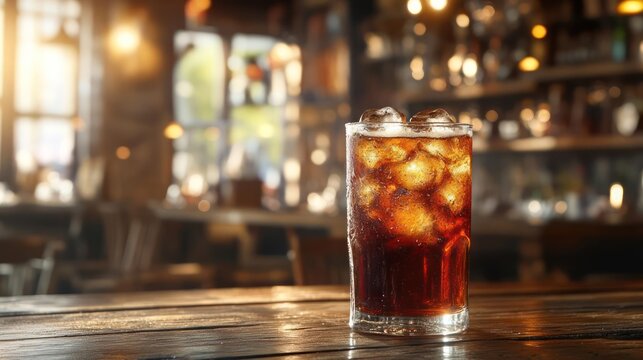Glass of soda with ice on the bar counter, possibly in an upscale or rustic-style bar setting.