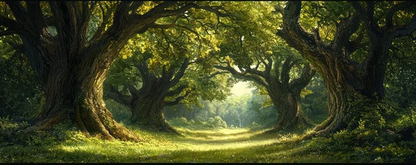 Enchanted forest scene designed as a fairytale setting with large, majestic trees; a storybook illustration.