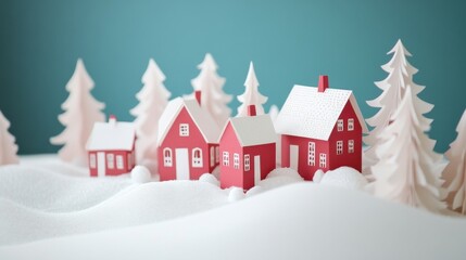 Fototapeta premium Whimsical Paper Cut Houses in Snowy Village Scene