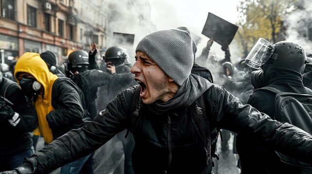 Street unrest: intense city riots featuring violent protest march, with explosions, smoke filling the air, showcasing conflict between angry demonstrators, police amidst chaos of urban disaster.