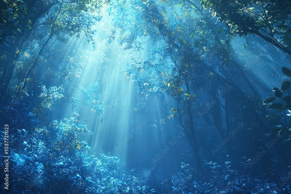 Poster enchanted blue forest bathed in fog and sunlight, creating a mysterious and mystical setting