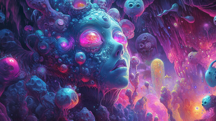 Colorful Psychedelic Portrait with Floral and Surreal Elements