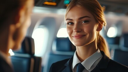 A flight attendant maintaining a calm and friendly demeanor, despite a stressful situation, showing emotional labor
