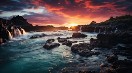 Obraz premium Waterfall in the Sea During Sunset