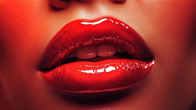 A close-up of red, glossy lips, slightly parted, revealing a flash of white teeth