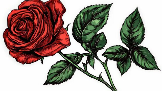 A single red rose with green leaves, drawn in a vintage style