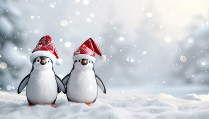 Adorable 3D Rendering of Penguins Wearing Santa Hats