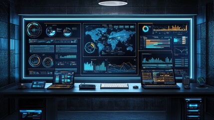 Modern High-Tech Workspace with Digital Dashboards