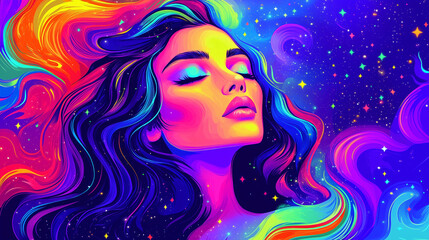 Cosmic Woman with Flowing Hair and Neon Colors