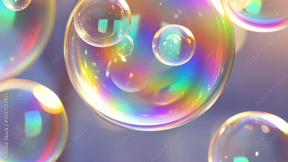 Poster a close-up of iridescent soap bubbles reflecting light, creating a rainbow effect