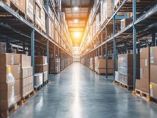 Obraz premium Brightly Lit Warehouse Aisle with Cardboard Boxes