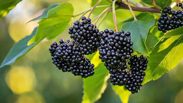 Close-up of ripe elderberries hanging on a branch