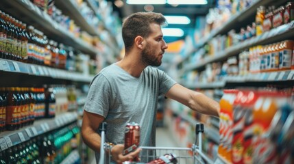 Man Shopping for Drinks in Supermarket Aisle