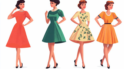 Set of fashion dresses cartoon illustrations on white background.ai generative.
