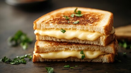 A mouth-watering creamy cheese grilled sandwich with a hint of parsley on the side,