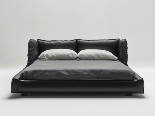 Modern Black Bed with Cushioned Headboard and Pillows