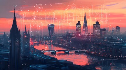 Fototapeta premium Abstract technology background in London for global business concept. 