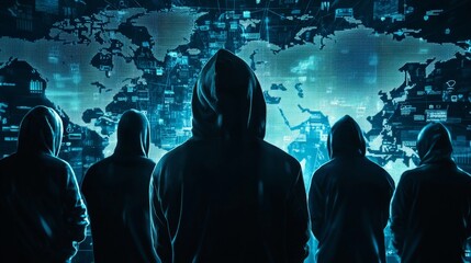 Obraz premium A global cyber security team responding to a massive data breach, illustrating the international nature of cybercrime