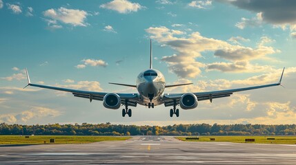 Obraz premium Commercial airplane landing on a runway with a clear blue sky and trees in the background