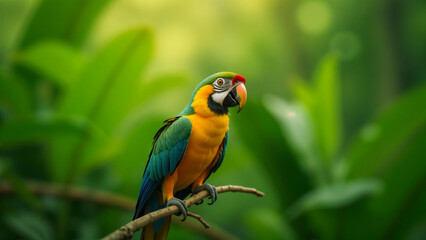 Obraz premium A Vibrantly Colored Parrot Perched on a Lush Tropical Branch, Surrounded by Nature's Beauty and Serenity