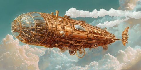 Steampunk airship flying through clouds.