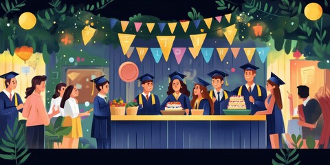 Graduates celebrate with cake and friends.