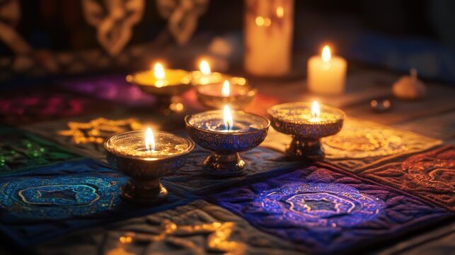Intricate metallic hanukkah menorah with lit candles on colorful embroidered cloth, celebrating festival of lights - Powered by Adobe