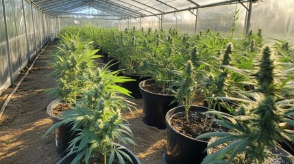 Cannabis Plants Growing in Greenhouse with Natural Light