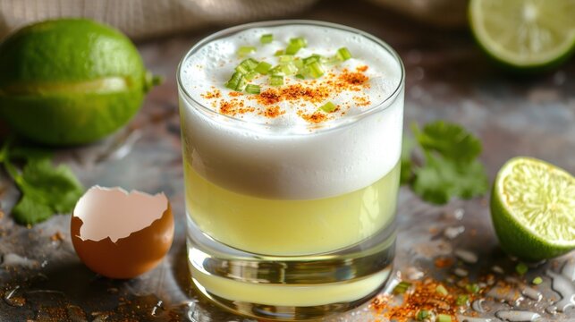 a South American signature cocktail, featuring a grape brandy, mixed with fresh lime juice, simple syrup and frothy egg whites, creating a tangy, refreshing and slightly sweet drink.