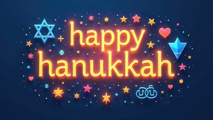 Festive hanukkah greeting with star of david, dreidel, hearts, and stars on a blue background - celebration of jewish holiday