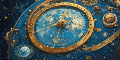 Fototapeta premium Ornate clock face against starry night.