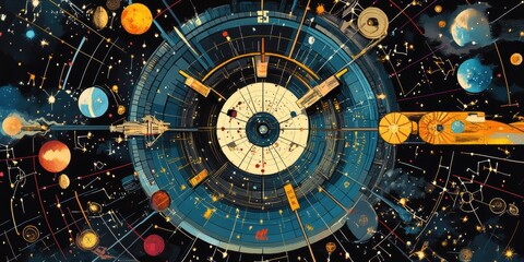 Obraz premium Abstract space art with planets, stars, and lines.