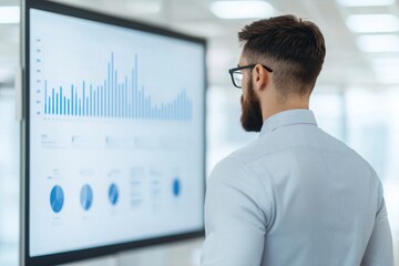 A professional analyzing data on a large screen, showcasing various statistics and graphs in a modern office environment.