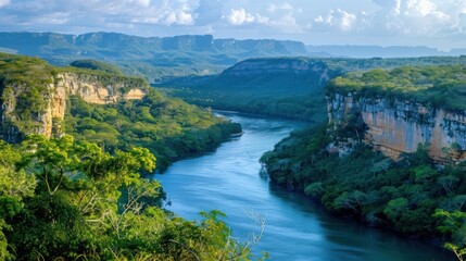 Fototapeta premium Rivers reveal the incomparable beauty of the wild. Rugged cliffs, lush forests and fertile soil form a mesmerizing river landscape. 