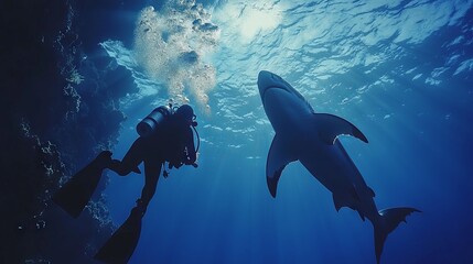 Fototapeta premium Diver swimming underwater with a large shark in the ocean creating a dramatic and adventurous scene